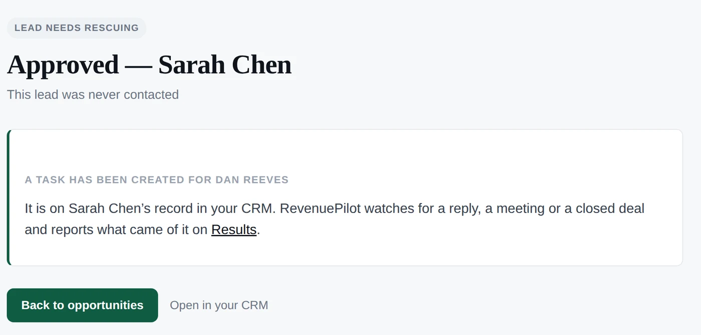 After approving: a task has been created for Dan Reeves on Sarah Chen's record in the CRM.